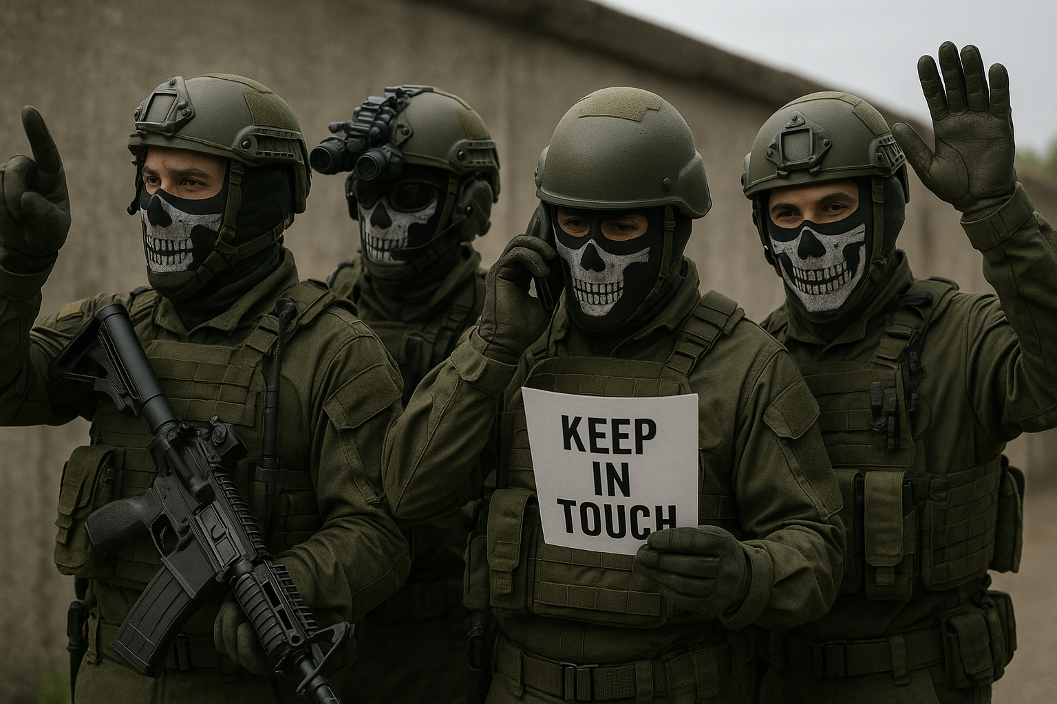 Group of military soldiers with skull balaclavas, one with gun and another with night vision