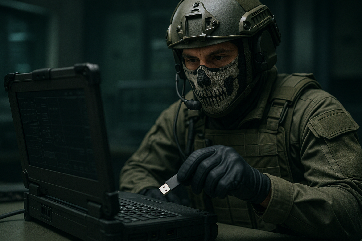 Military soldier with skull balaclava using USB stick