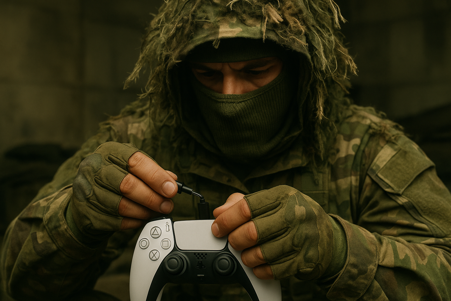 Soldier in ghillie suit with green balaclava plugging in PS5 controller