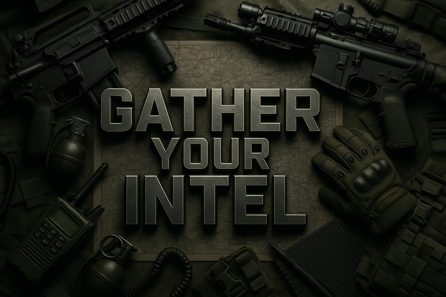 Ultra-realistic military scene with "GATHER YOUR INTEL" text